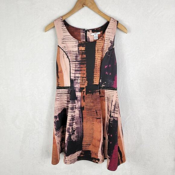 Bar III Fit & Flare Dress Women M Scuba Pink Peach Patterned Zip & Faux Leather - Picture 1 of 5
